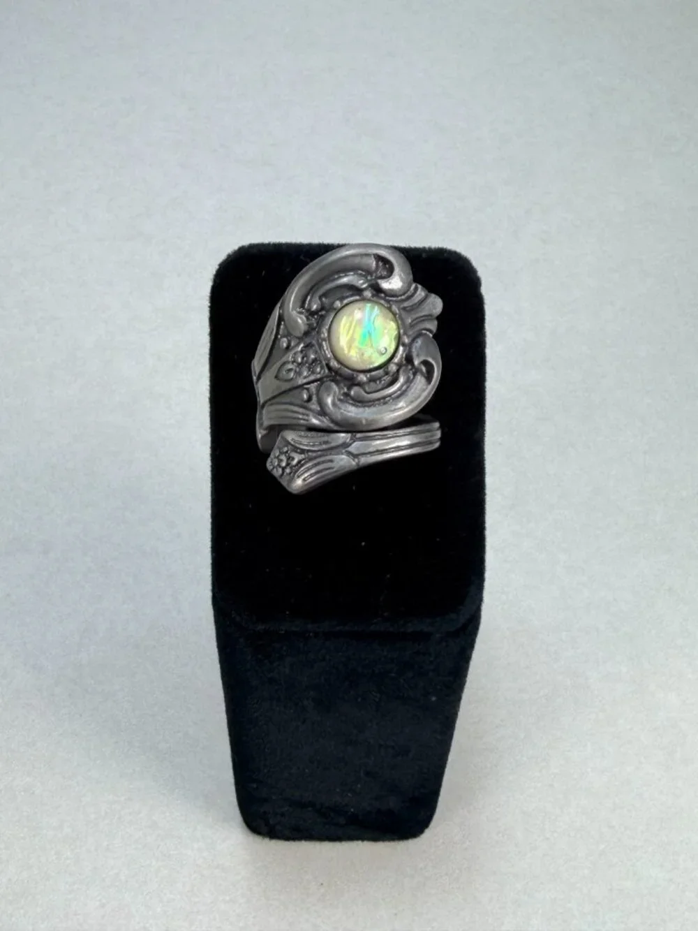 Vintage Opal Style Art Nouveau Statement Ring Silver Tone Cocktail Jewelry